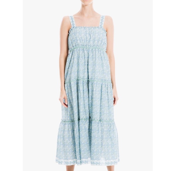 Max Studio Tiered Heart Print Sleeveless Midi Dress White Blue Womens Size Small - Picture 1 of 13